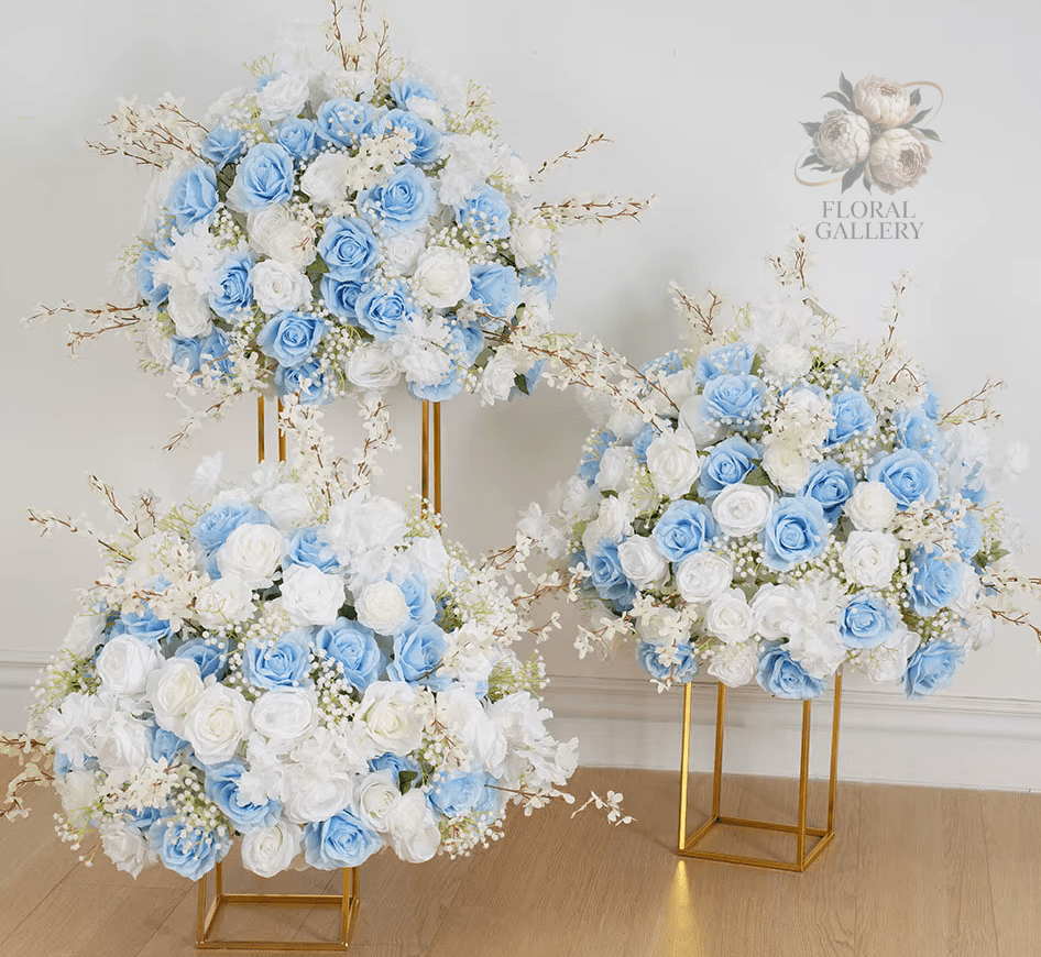 Baby Blue & White SILK Flower Display Ball Table Centerpiece - The Floral Gallery