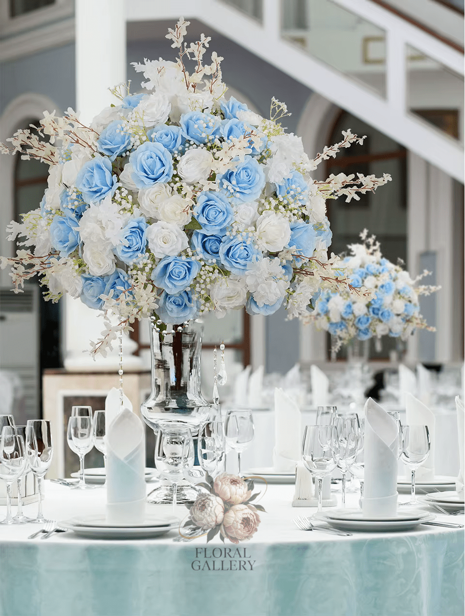 Baby Blue & White SILK Flower Display Ball Table Centerpiece - The Floral Gallery