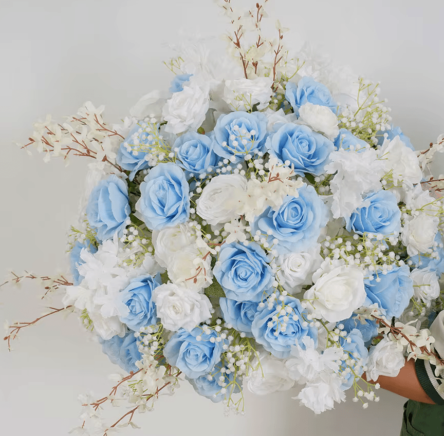 Baby Blue & White SILK Flower Display Ball Table Centerpiece - The Floral Gallery