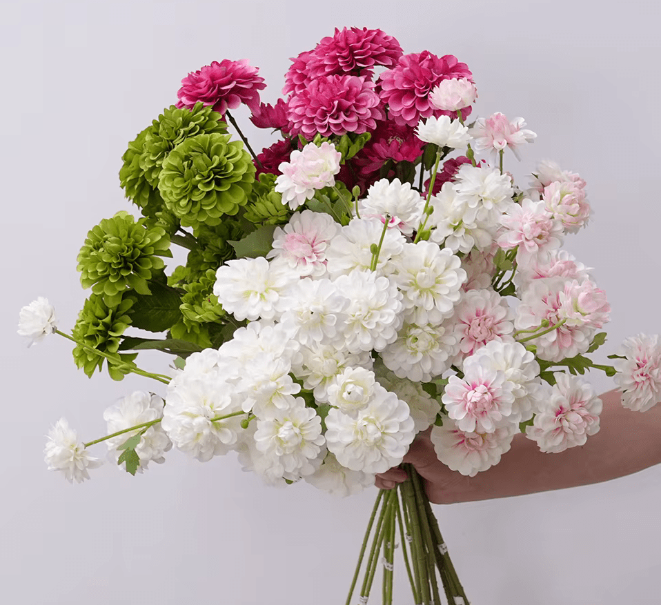 Beautiful 6 Head Crysanthemum SILK Flowers in Pink Green or White - The Floral Gallery