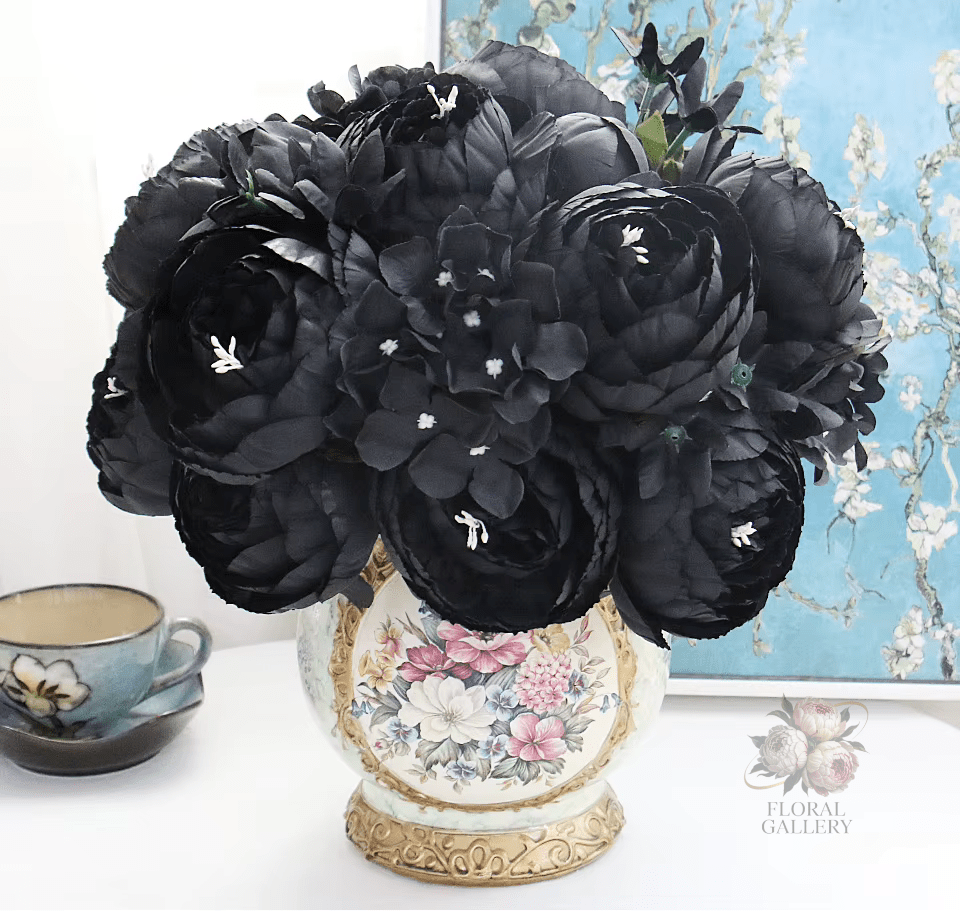 Black Peony & Dahlia Silk Home Artifical Flowers 12 Head Stem - The Floral Gallery