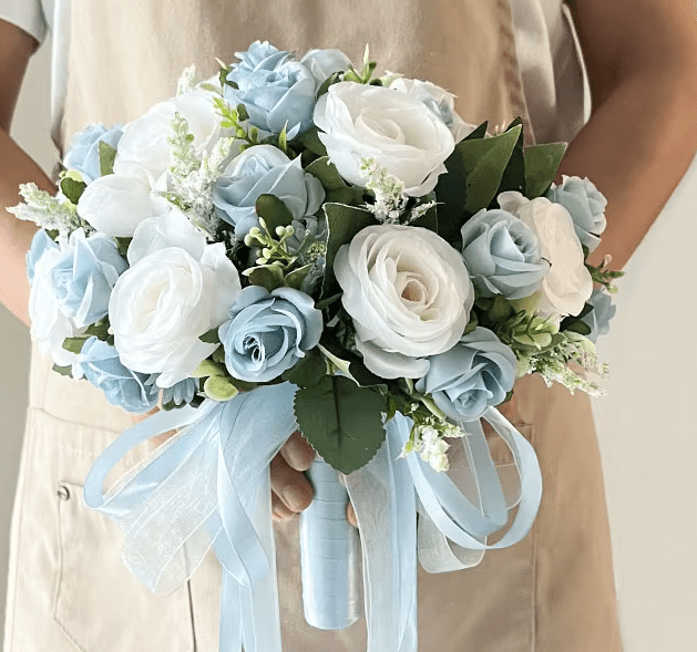 Blue & White Roses Bride Bouquet Silk Flowers - The Floral Gallery