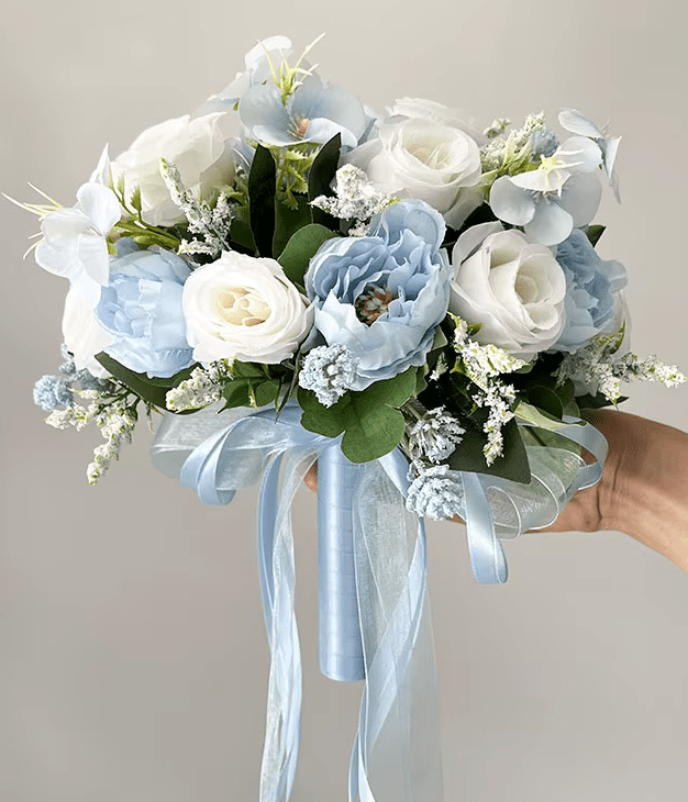 Blue & White Roses Bride Bouquet Silk Flowers - The Floral Gallery