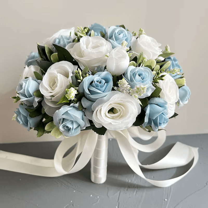 Blue & White Roses Bride Bouquet Silk Flowers - The Floral Gallery