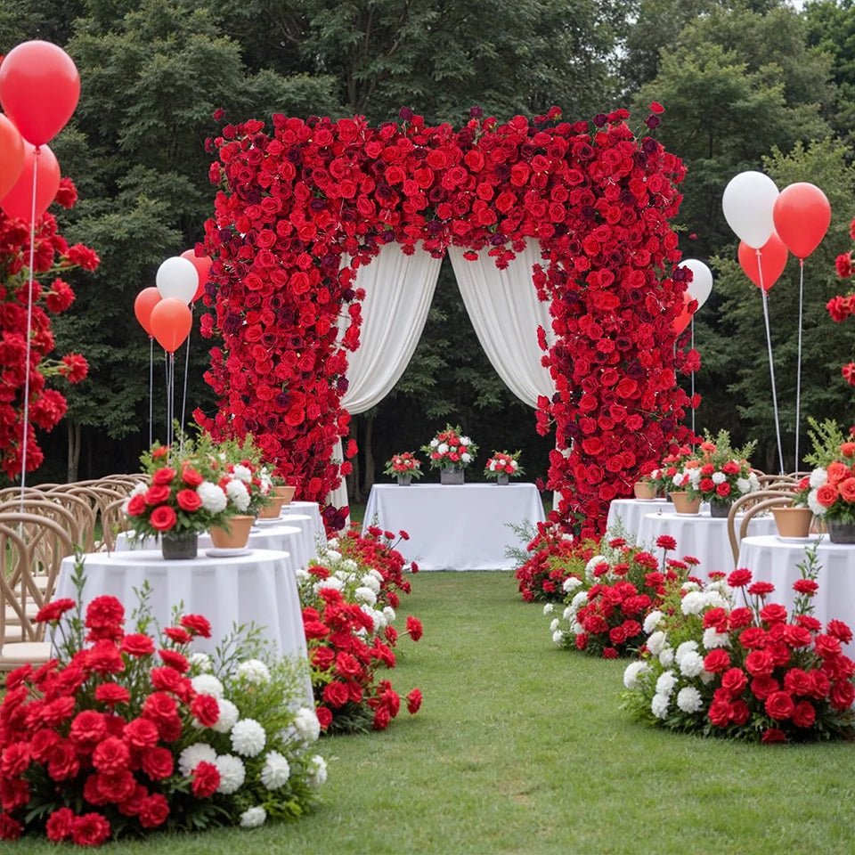 Bordeux Red Silk Roses Venue Arch Flowers 8ft+ with Stand - The Floral Gallery