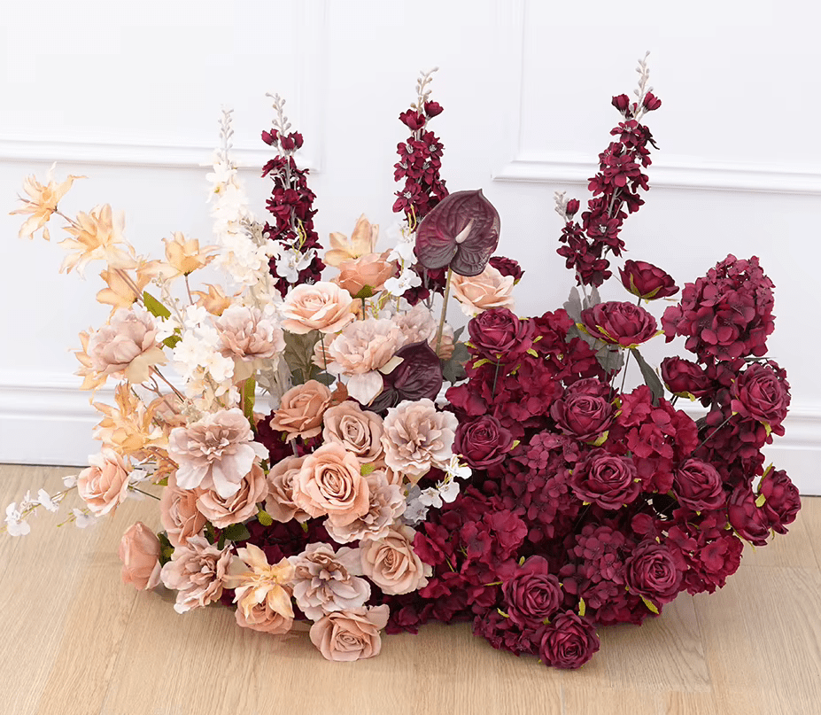 Burgundy Red & Champagne SILK Flowers Hanging Display - The Floral Gallery