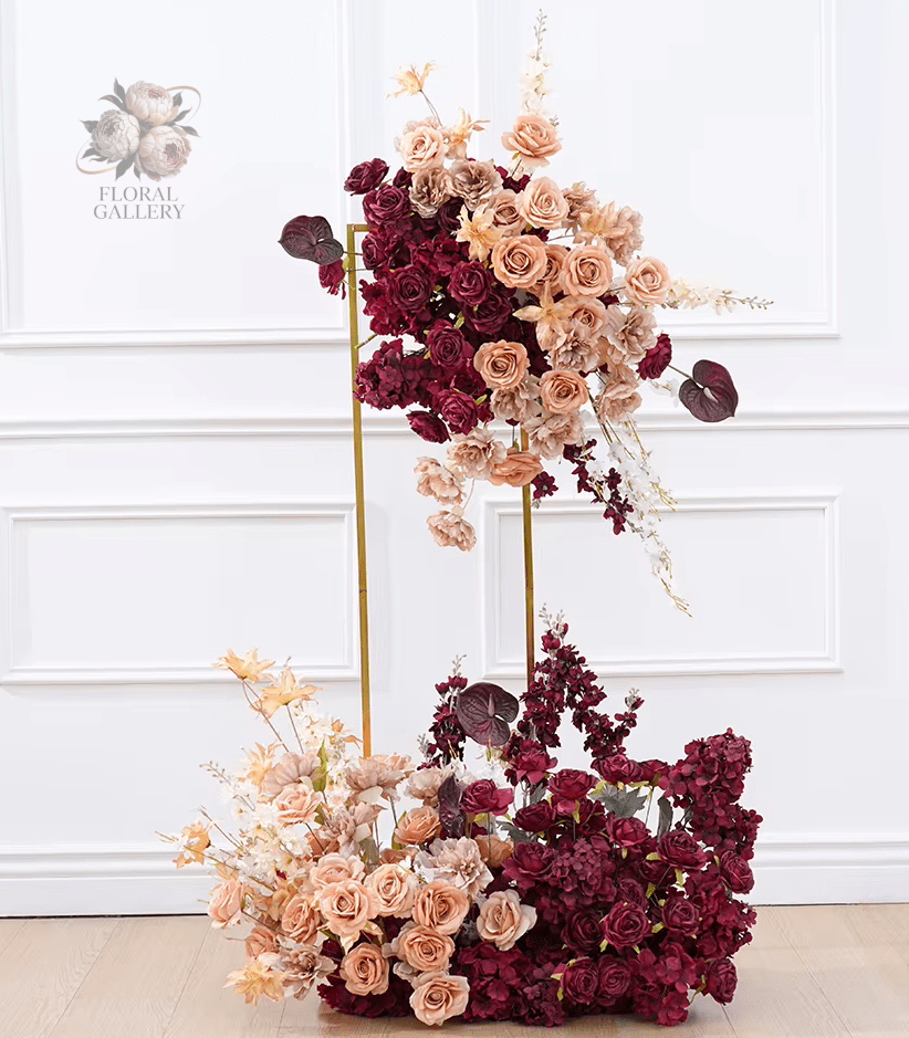 Burgundy Red & Champagne SILK Flowers Hanging Display - The Floral Gallery