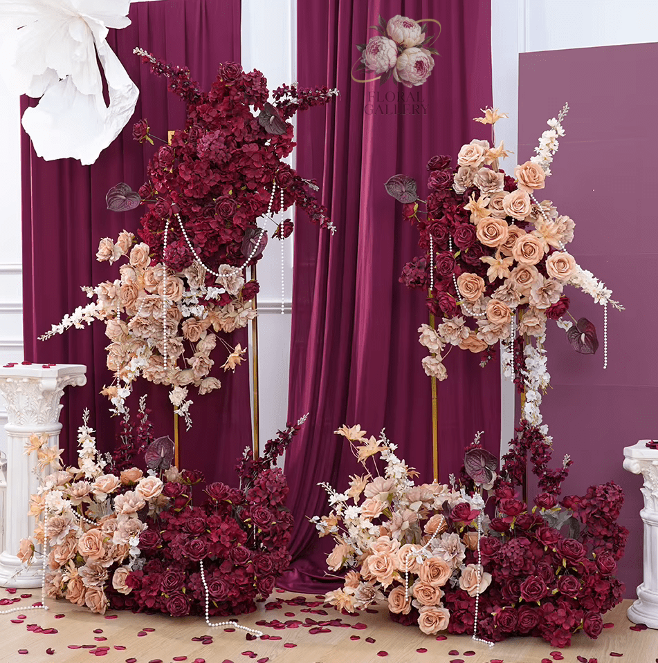 Burgundy Red & Champagne SILK Flowers Hanging Display - The Floral Gallery