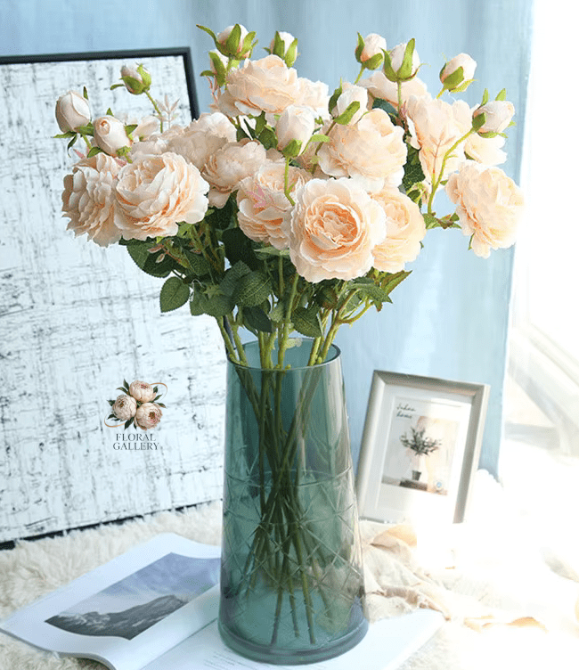 Champagne or Pink Realistic Silk Peony Long Stems 61cm x 3 - The Floral Gallery