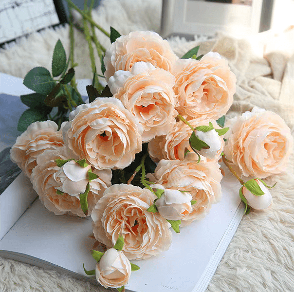 Champagne or Pink Realistic Silk Peony Long Stems 61cm x 3 - The Floral Gallery