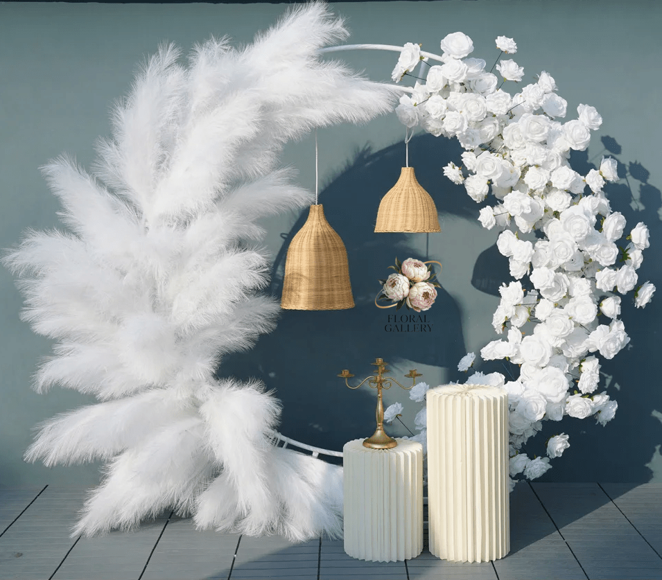 Deluxe White Pampass Grass & Silk Roses Wedding Party Flower Arch - The Floral Gallery