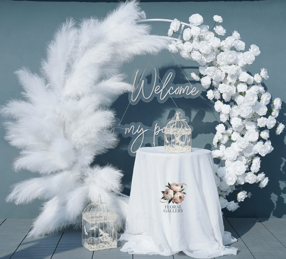 Deluxe White Pampass Grass & Silk Roses Wedding Party Flower Arch - The Floral Gallery
