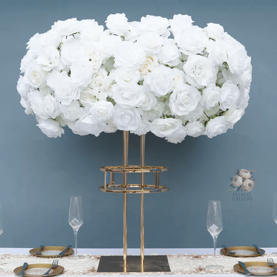 Dramatic 4ft White SILK Roses Table Centrepiece With Gold Stand - The Floral Gallery