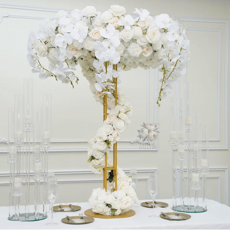 Dramatic 4ft White SILK Roses Table Centrepiece With Gold Stand - The Floral Gallery