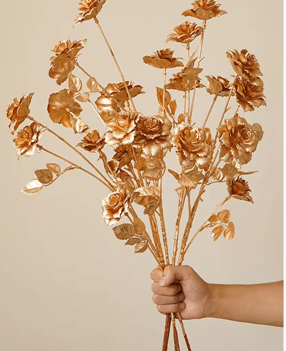 Golden Bouquet Silk Artificial Flowers Roses Ginko Leaf Long Stem - The Floral Gallery