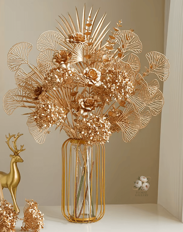 Golden Bouquet Silk Artificial Flowers Roses Ginko Leaf Long Stem - The Floral Gallery