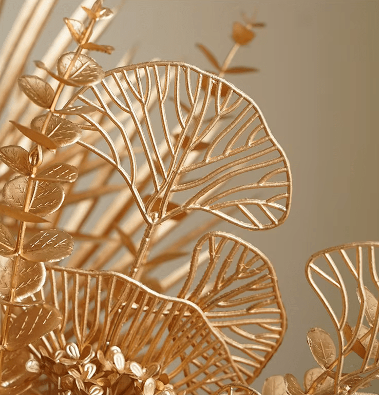 Golden Bouquet Silk Artificial Flowers Roses Ginko Leaf Long Stem - The Floral Gallery