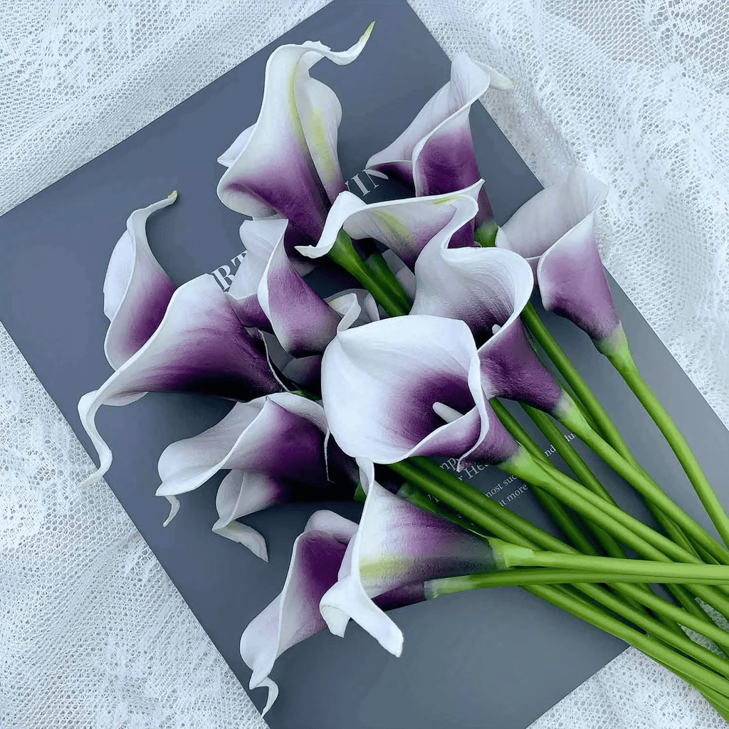 Gorgeous Real Touch Purple White Calla Lily Bouquet x 10 Flowers - The Floral Gallery