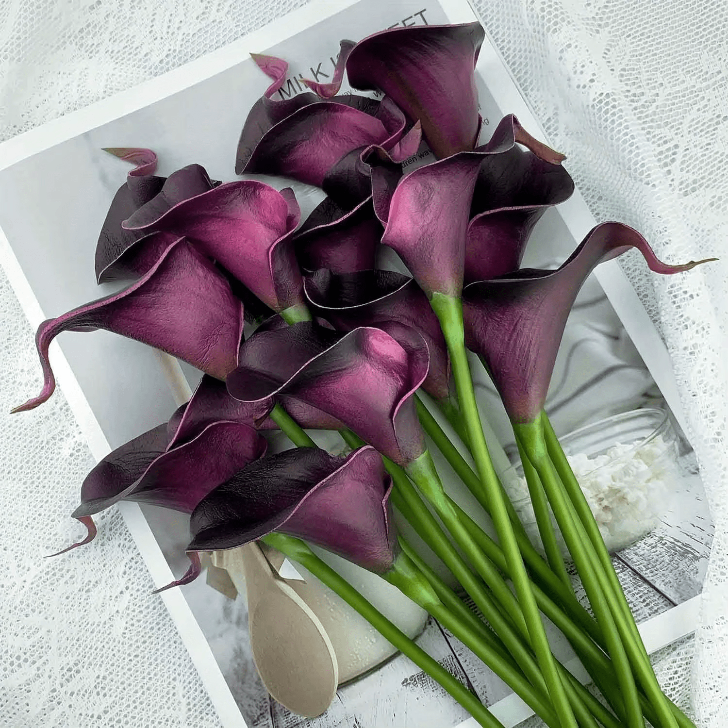 Gorgeous Real Touch Purple White Calla Lily Bouquet x 10 Flowers - The Floral Gallery