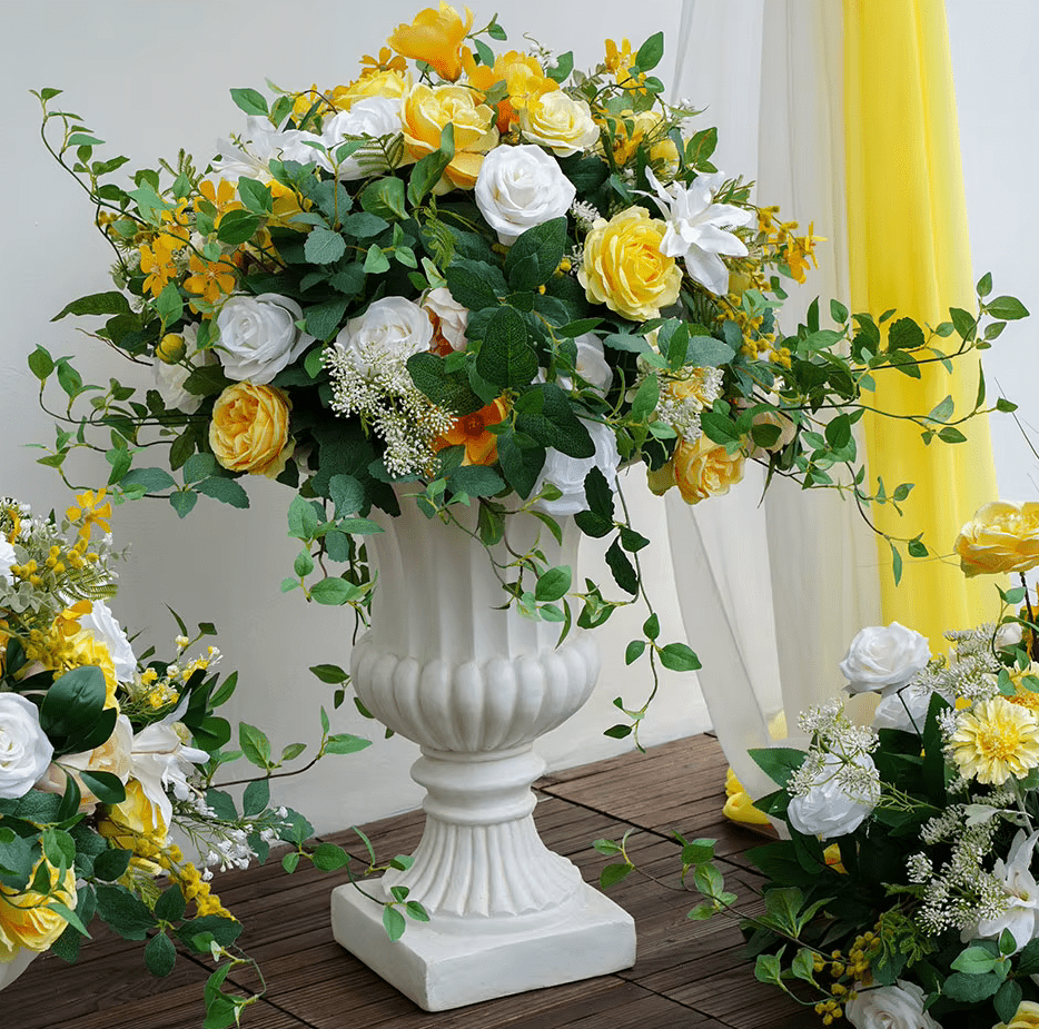 Large 2ft Premium SILK Flower Display Table Centerpiece Yellow White Roses - The Floral Gallery