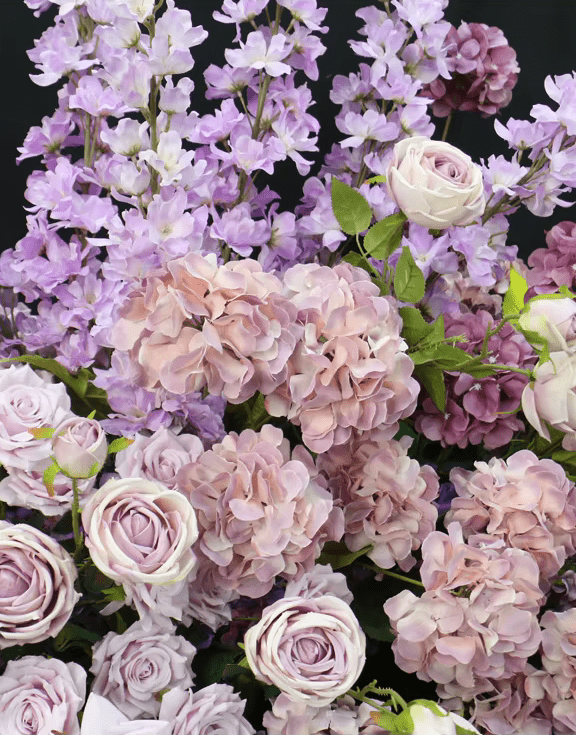 Large Purple SILK Display Wall Artificial Flowers Delphinium Roses - Also in White - The Floral Gallery