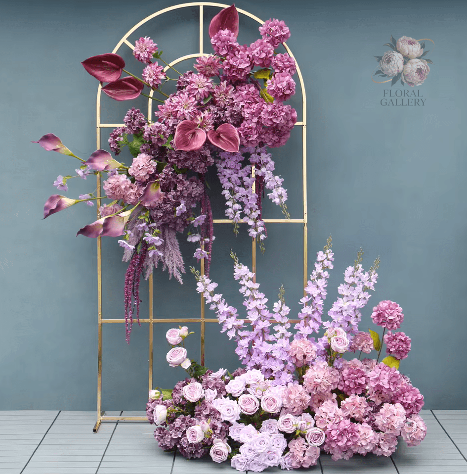 Large Purple SILK Display Wall Artificial Flowers Delphinium Roses - Also in White - The Floral Gallery