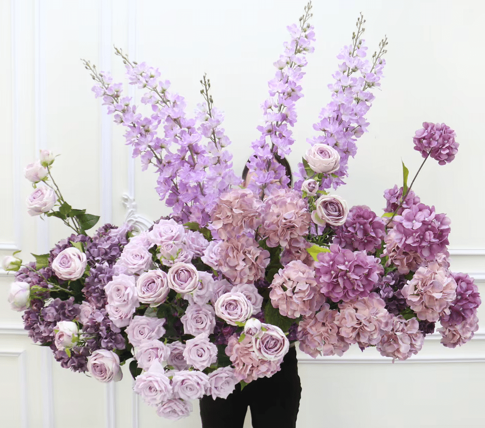 Large Purple SILK Display Wall Artificial Flowers Delphinium Roses - Also in White - The Floral Gallery