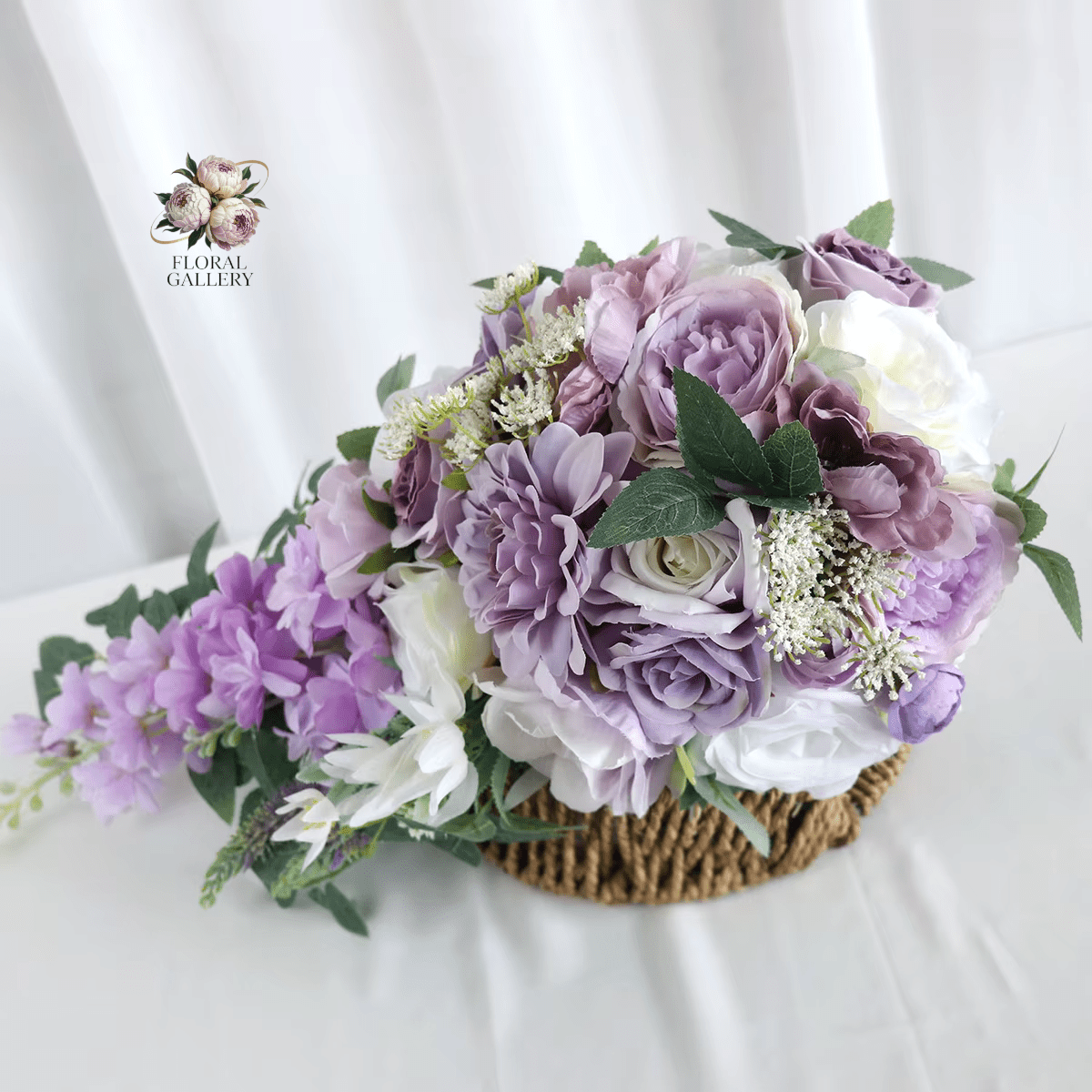 Lilac Purple & White Roses Waterfall Wedding Bridal Bouquet Silk Flowers - The Floral Gallery