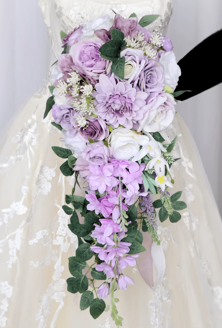 Lilac Purple & White Roses Waterfall Wedding Bridal Bouquet Silk Flowers - The Floral Gallery