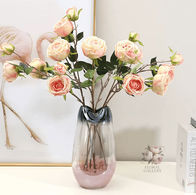 Lovely Pink & White SILK Artifical Roses 3 Branch 64cm - Home Office Decor - The Floral Gallery