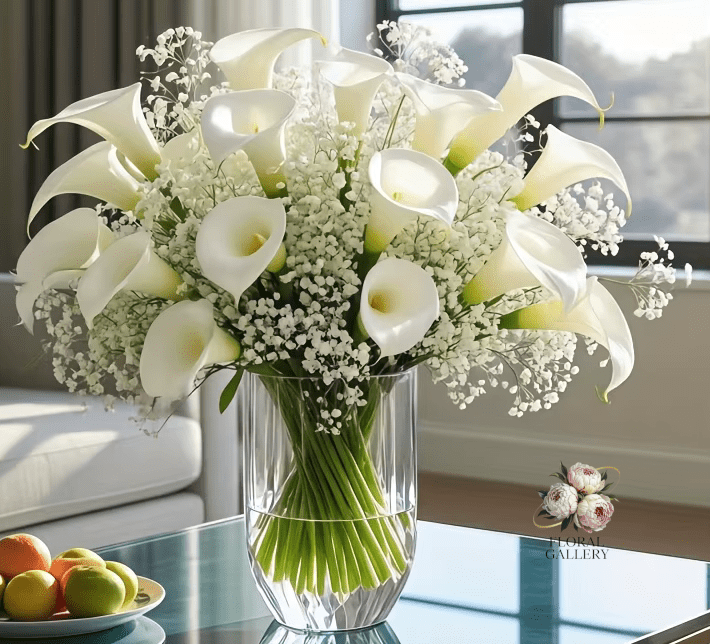 Lovely White SILK Flowers Calla Lily & Baby's Breath Bouquet x 28 Stems - The Floral Gallery