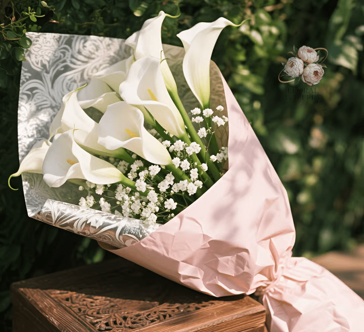 Lovely White SILK Flowers Calla Lily & Baby's Breath Bouquet x 28 Stems - The Floral Gallery