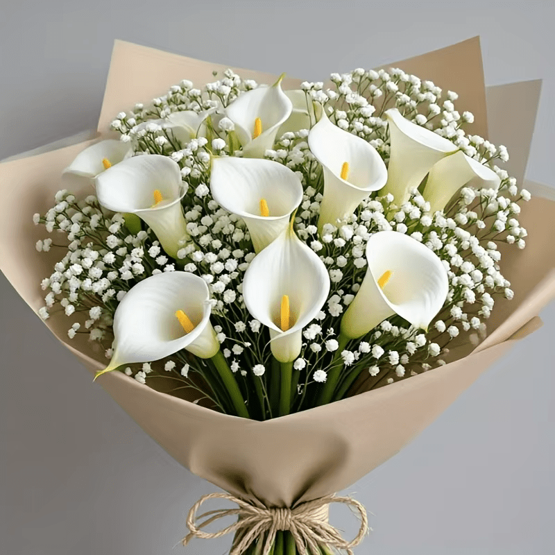 Lovely White SILK Flowers Calla Lily & Baby's Breath Bouquet x 28 Stems - The Floral Gallery