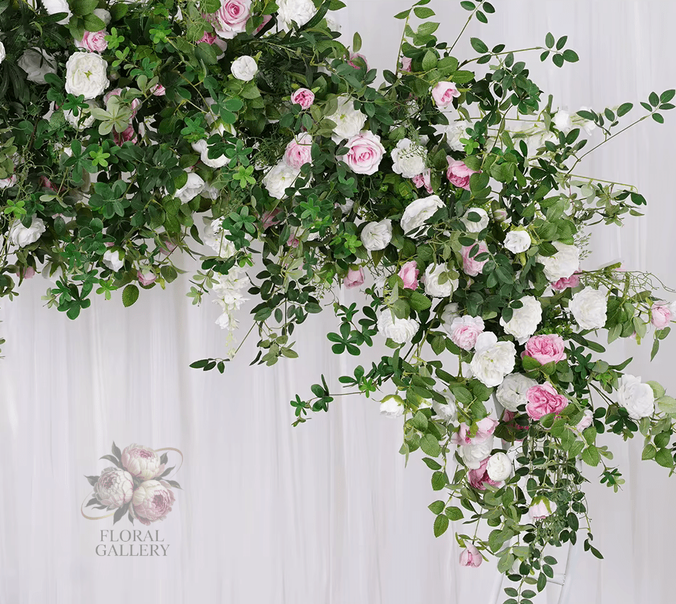 Lush Green Foliage & Pink White Roses SILK Flower Display 6ft Row - The Floral Gallery