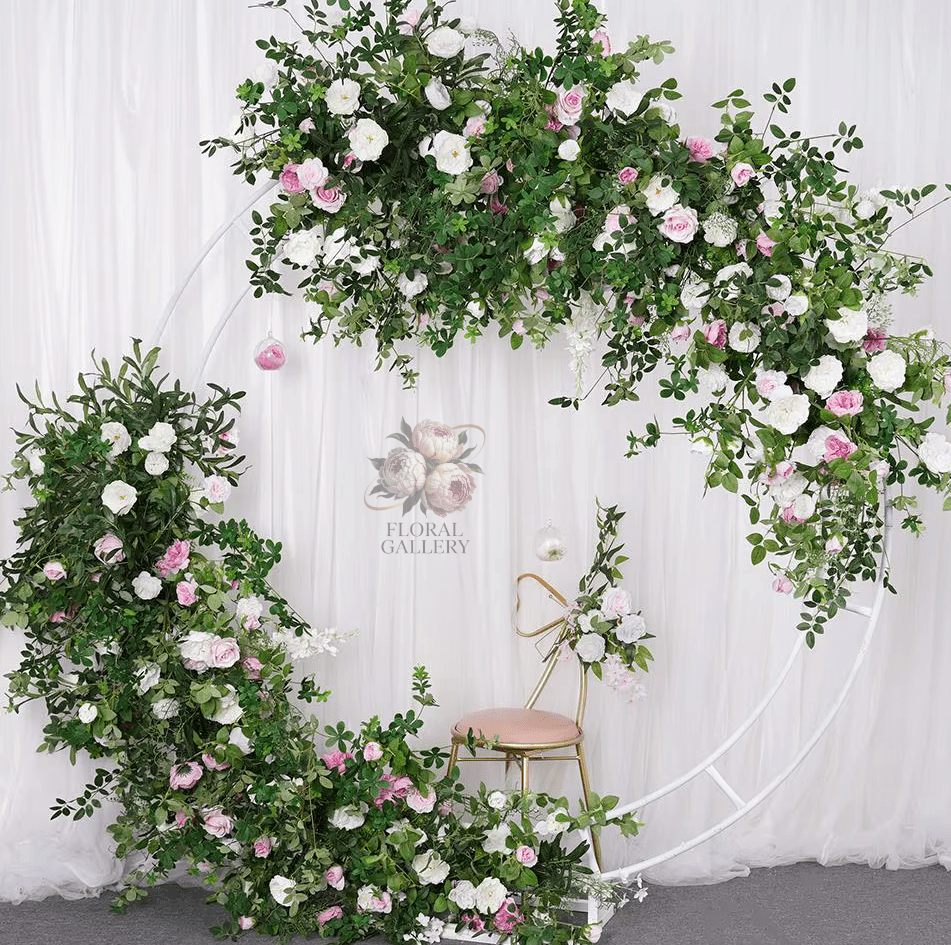 Lush Green Foliage & Pink White Roses SILK Flower Display 6ft Row - The Floral Gallery
