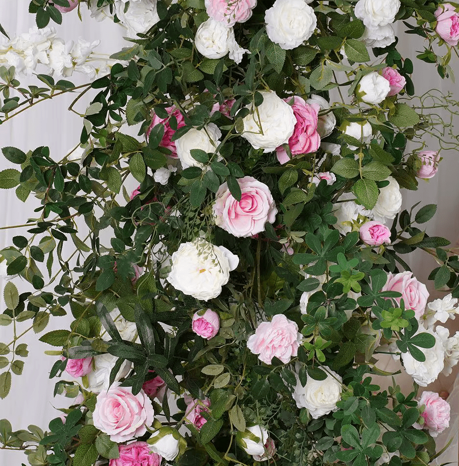 Lush Green Foliage & Pink White Roses SILK Flower Display 6ft Row - The Floral Gallery