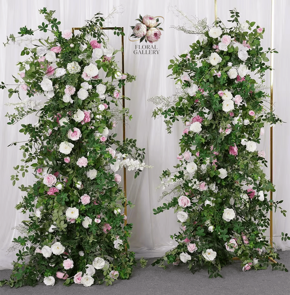 Lush Green Foliage & Pink White Roses SILK Flower Display 6ft Row - The Floral Gallery