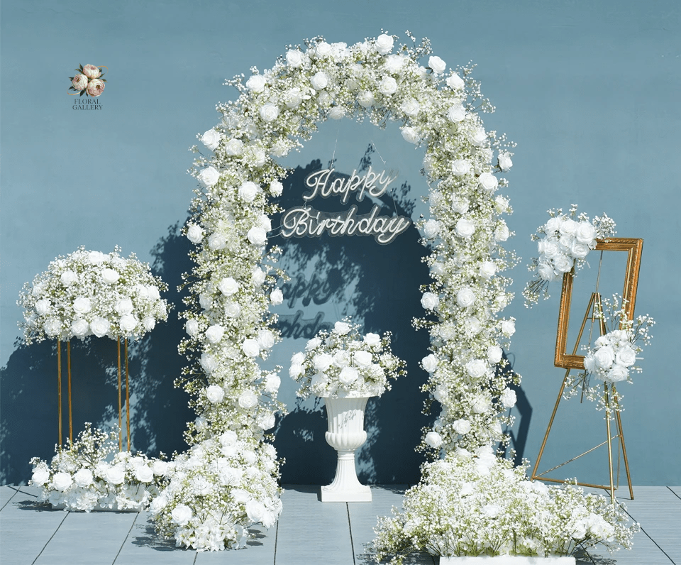 Luxury Silk Rose & Babysbreath Flower Venue Display with Arch - The Floral Gallery
