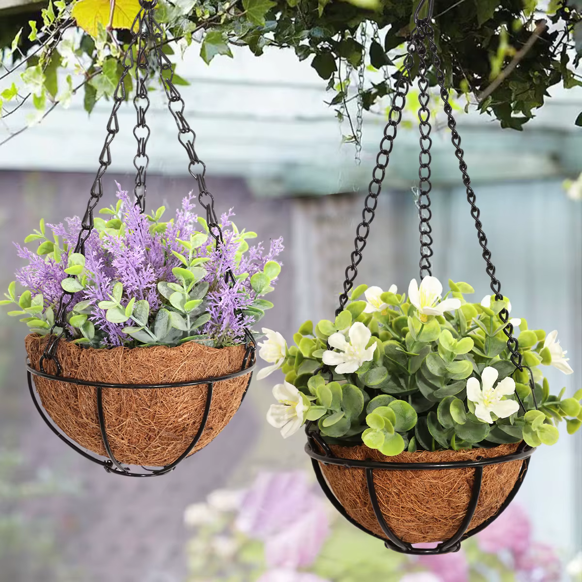 Pair of Hanging Baskets Artificial Lavender Eucalyptus with Chains - The Floral Gallery