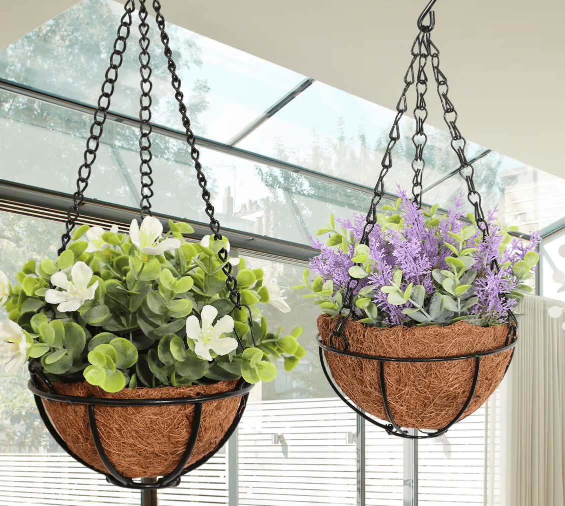 Pair of Hanging Baskets Artificial Lavender Eucalyptus with Chains - The Floral Gallery