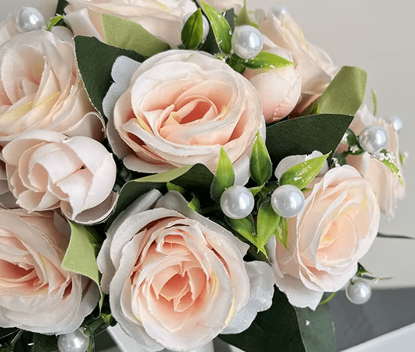 Peach Peony & Pearls Wedding Bouquet + Boutonnieres & Wrist Corsage - The Floral Gallery