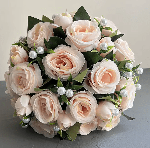 Peach Peony & Pearls Wedding Bouquet + Boutonnieres & Wrist Corsage - The Floral Gallery
