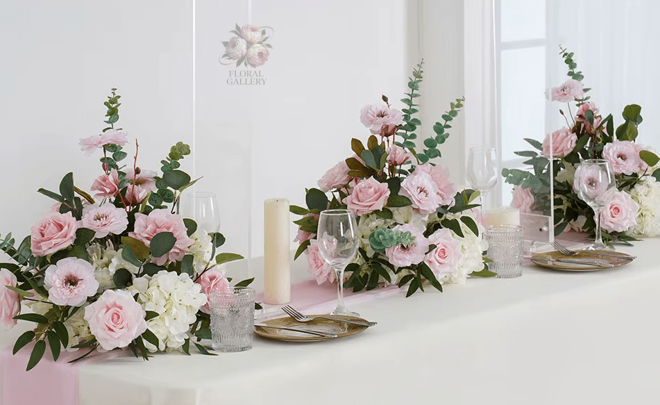 Pink Rose & Willow Leaf SILK Flowers & Table Display with Stand - The Floral Gallery