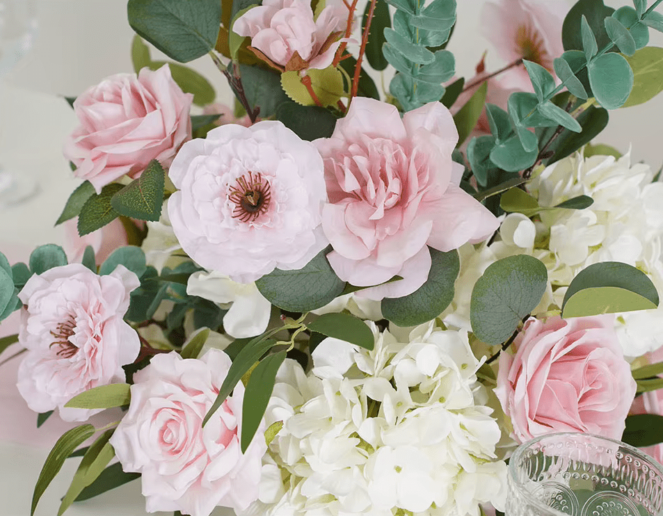 Pink Rose & Willow Leaf SILK Flowers & Table Display with Stand - The Floral Gallery