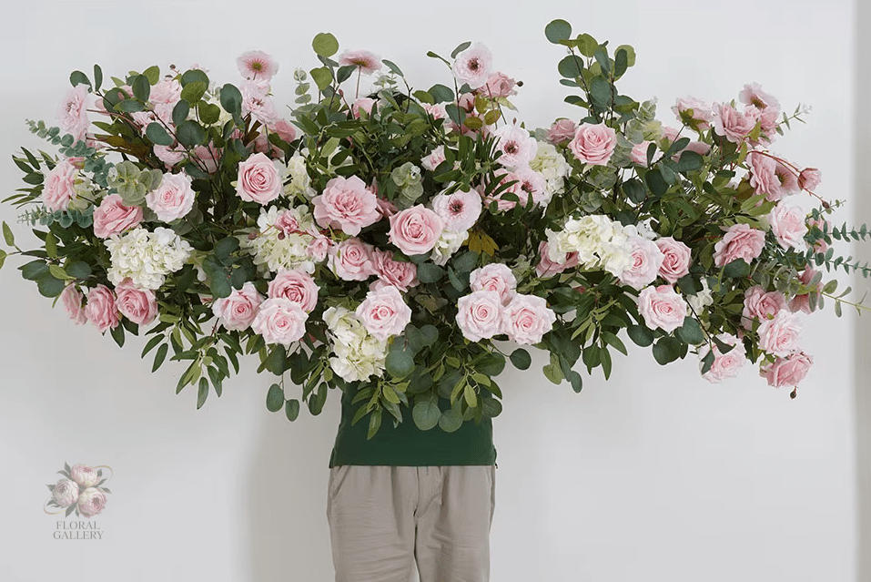 Pink Rose & Willow Leaf SILK Flowers & Table Display with Stand - The Floral Gallery