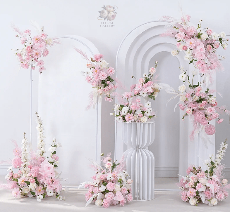 Pink & White Silk Flowers & Mist Grass Table or Display Wedding or Home - The Floral Gallery