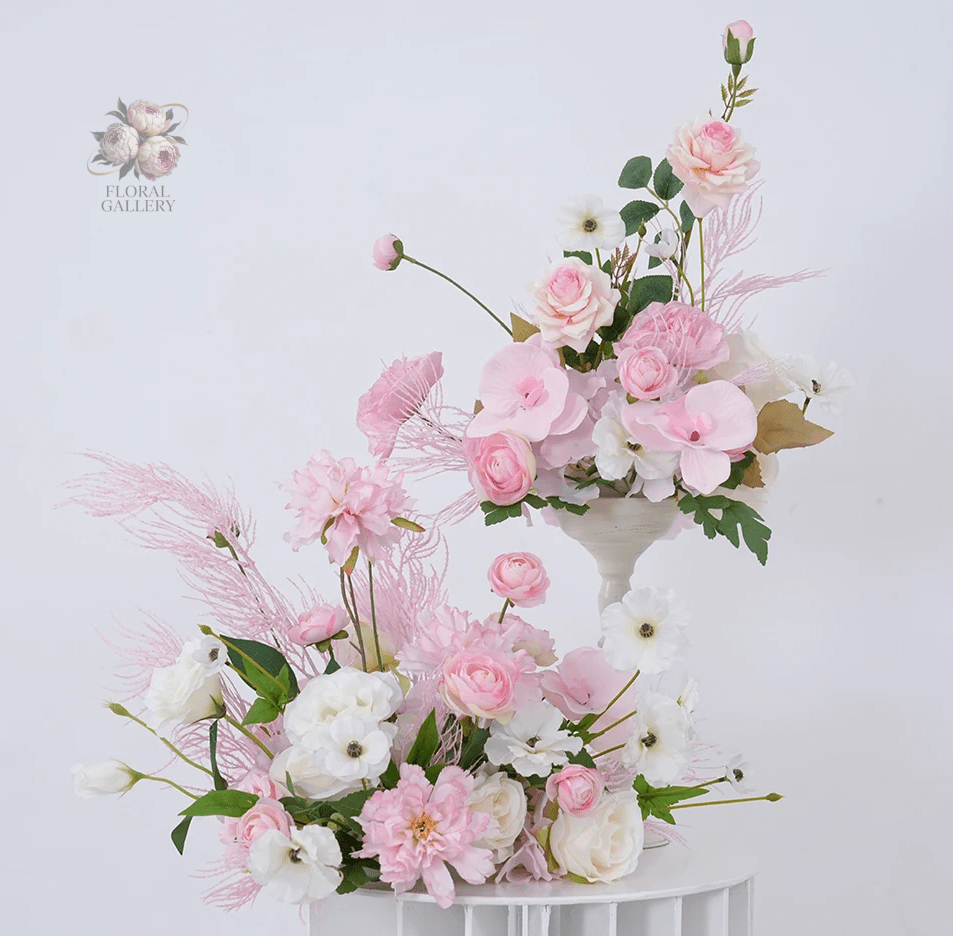 Pink & White Silk Flowers & Mist Grass Table or Display Wedding or Home - The Floral Gallery
