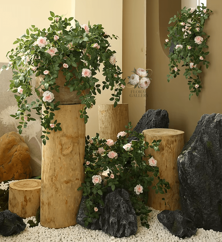 Premium Rattan Vine & SILK Roses Hanging Flowers 66cm Stem - The Floral Gallery