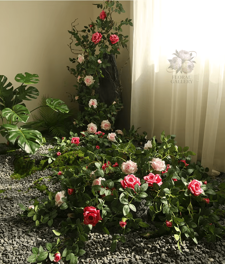 Premium Rattan Vine & SILK Roses Hanging Flowers 66cm Stem - The Floral Gallery