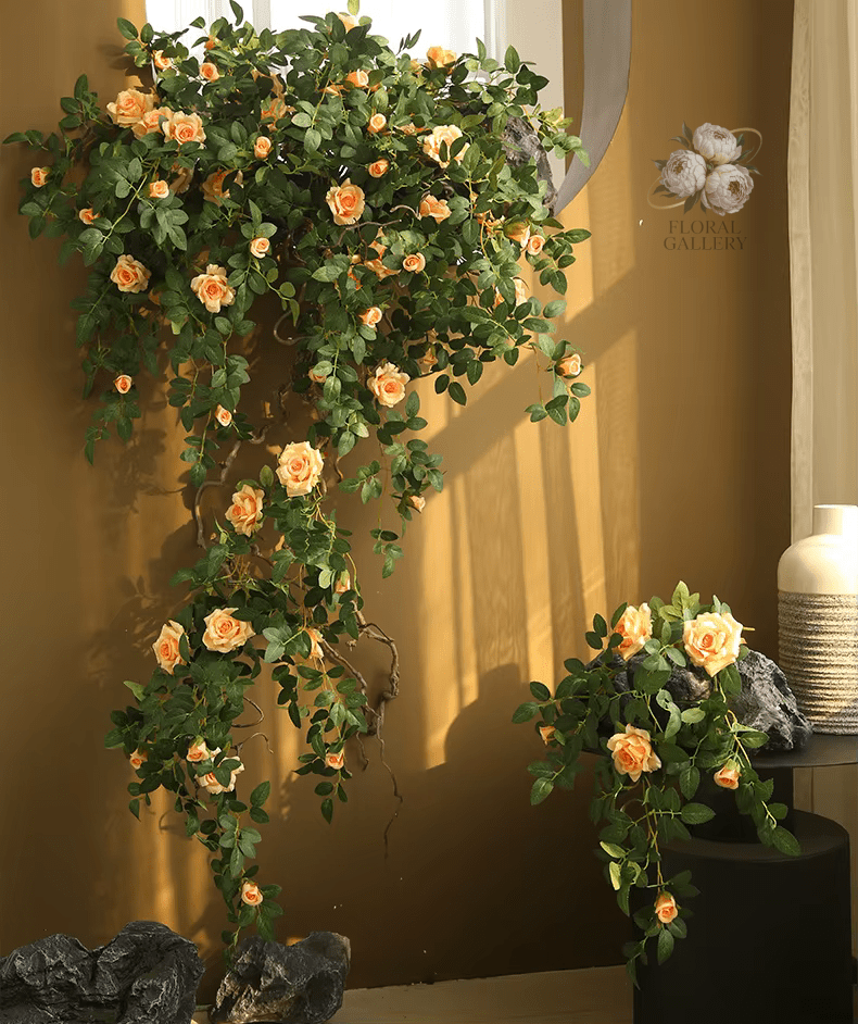 Premium Rattan Vine & SILK Roses Hanging Flowers 66cm Stem - The Floral Gallery